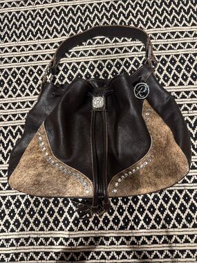 Raviani Black and Tan Leather Tote with Stud and Tassel Detail